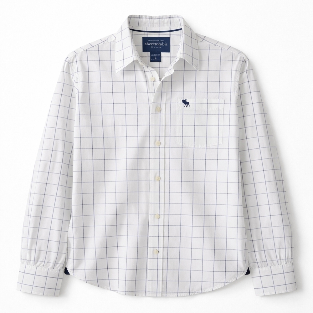 Abercrombie & Fitch White Plaid Button-Up Shirt with Navy Logo